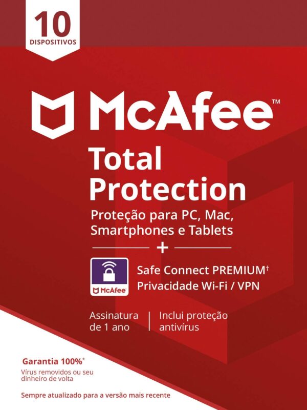Mcafee Total Protection + Privacidade Wi-Fi/VPN para 10 Dispositivos Assinatura 1 Ano